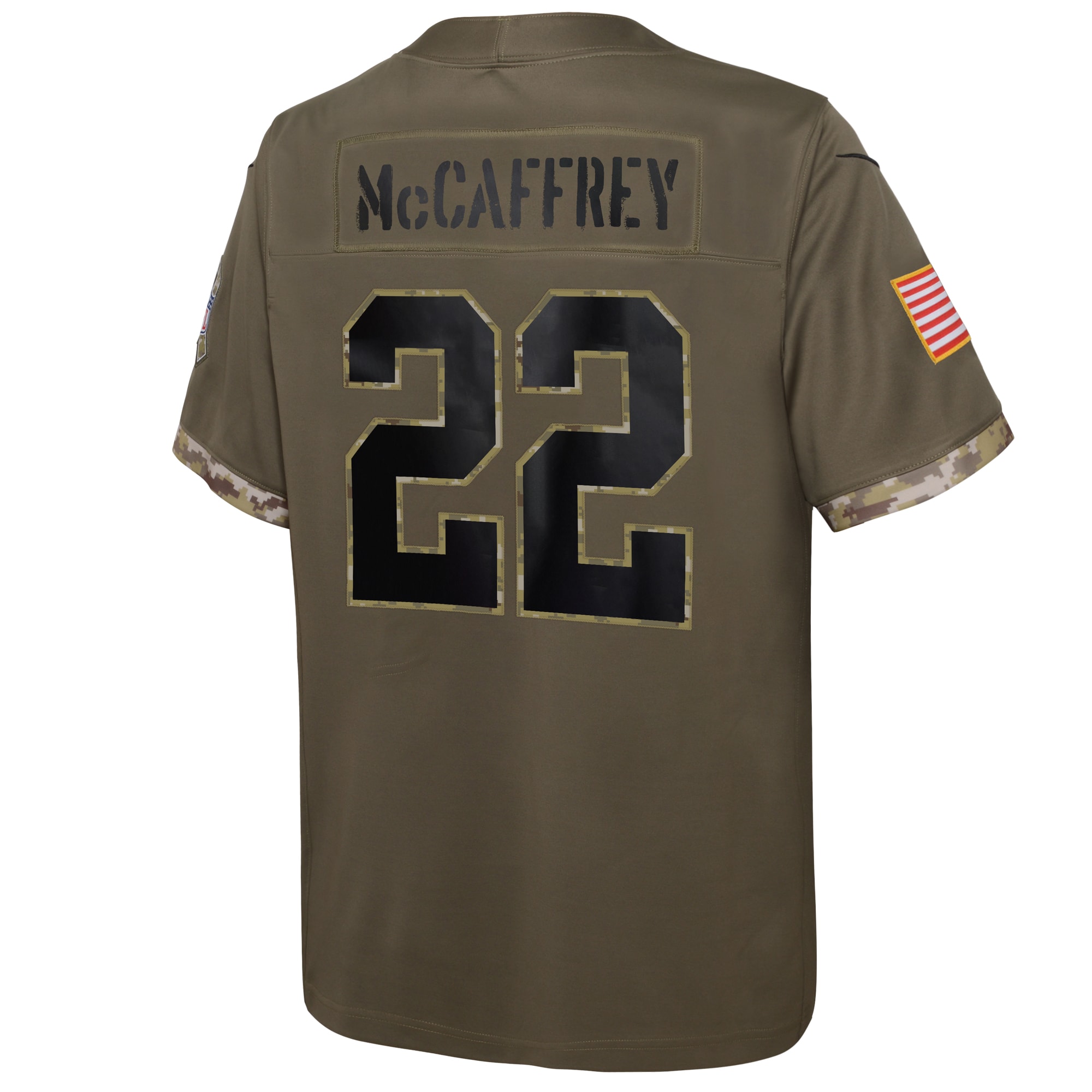 Youth Carolina Panthers Christian McCaffrey Nike Olive 2022 Salute To Service Player Limited Jersey