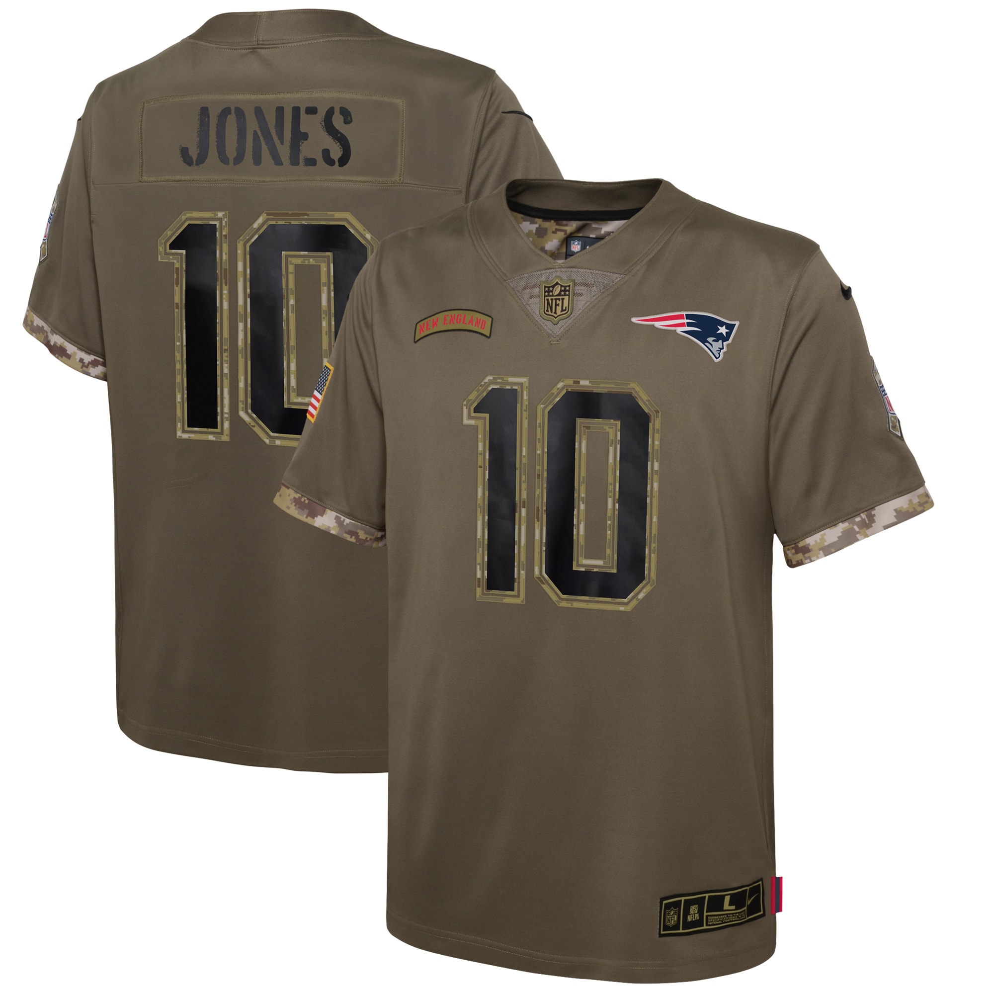 Youth New England Patriots Mac Jones Nike Olive 2022 Salute To Service Player Limited Jersey