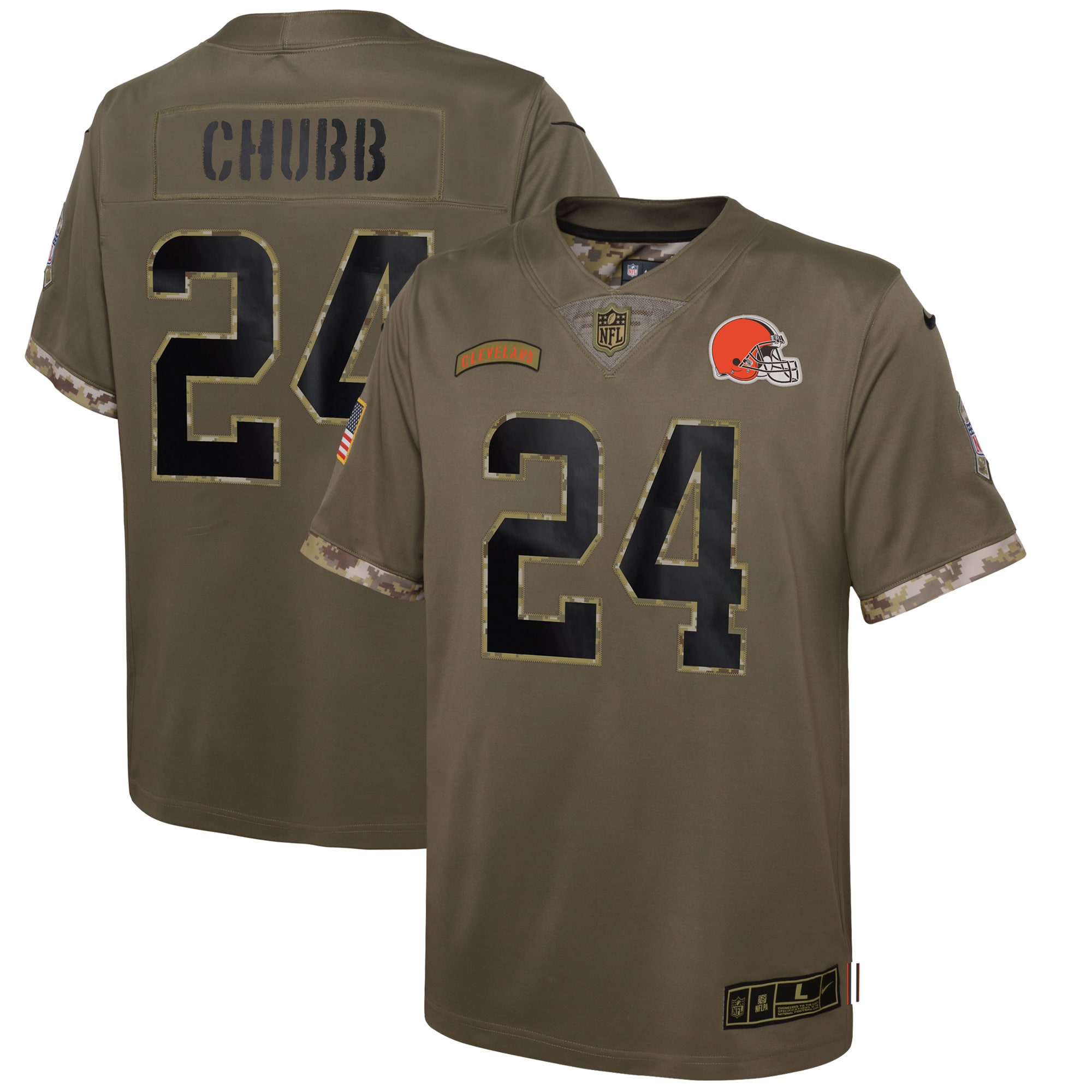 Youth Cleveland Browns Nick Chubb Nike Olive 2022 Salute To Service Player Limited Jersey