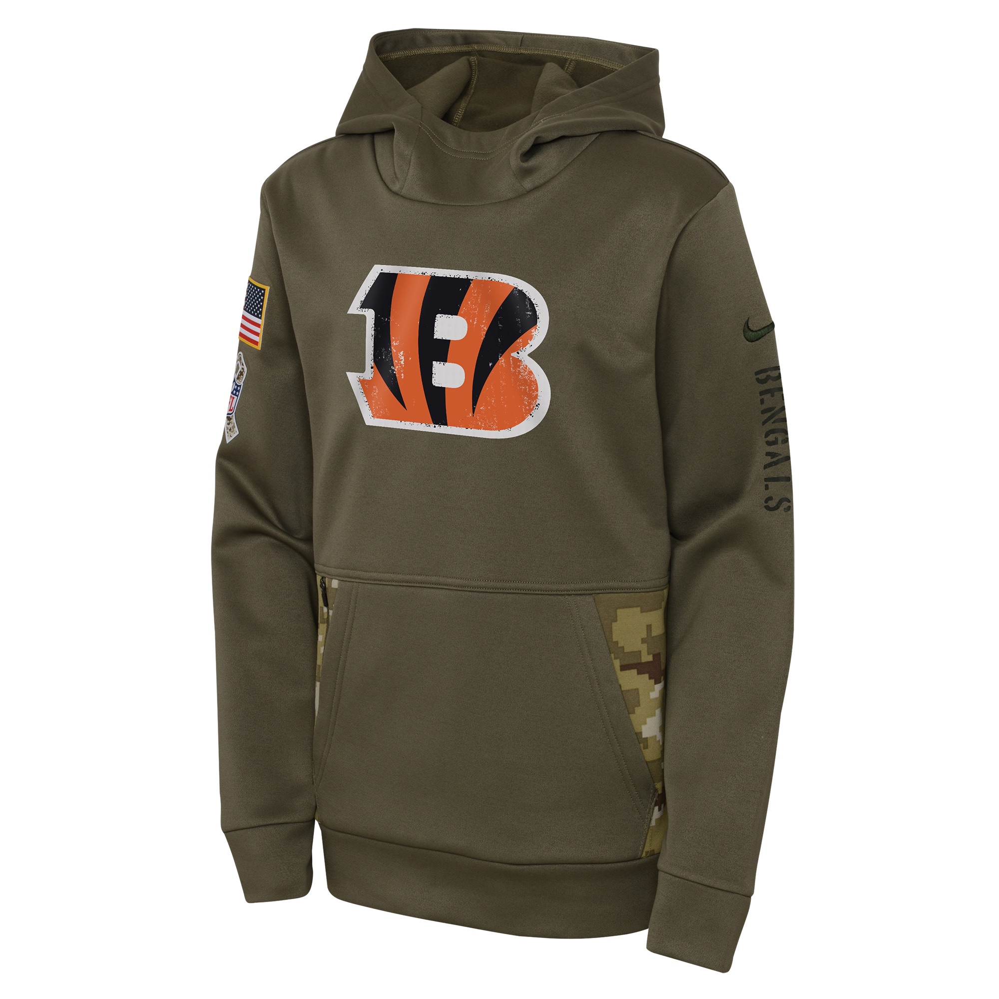 Youth Cincinnati Bengals Nike Olive 2022 Salute To Service Performance Pullover Hoodie