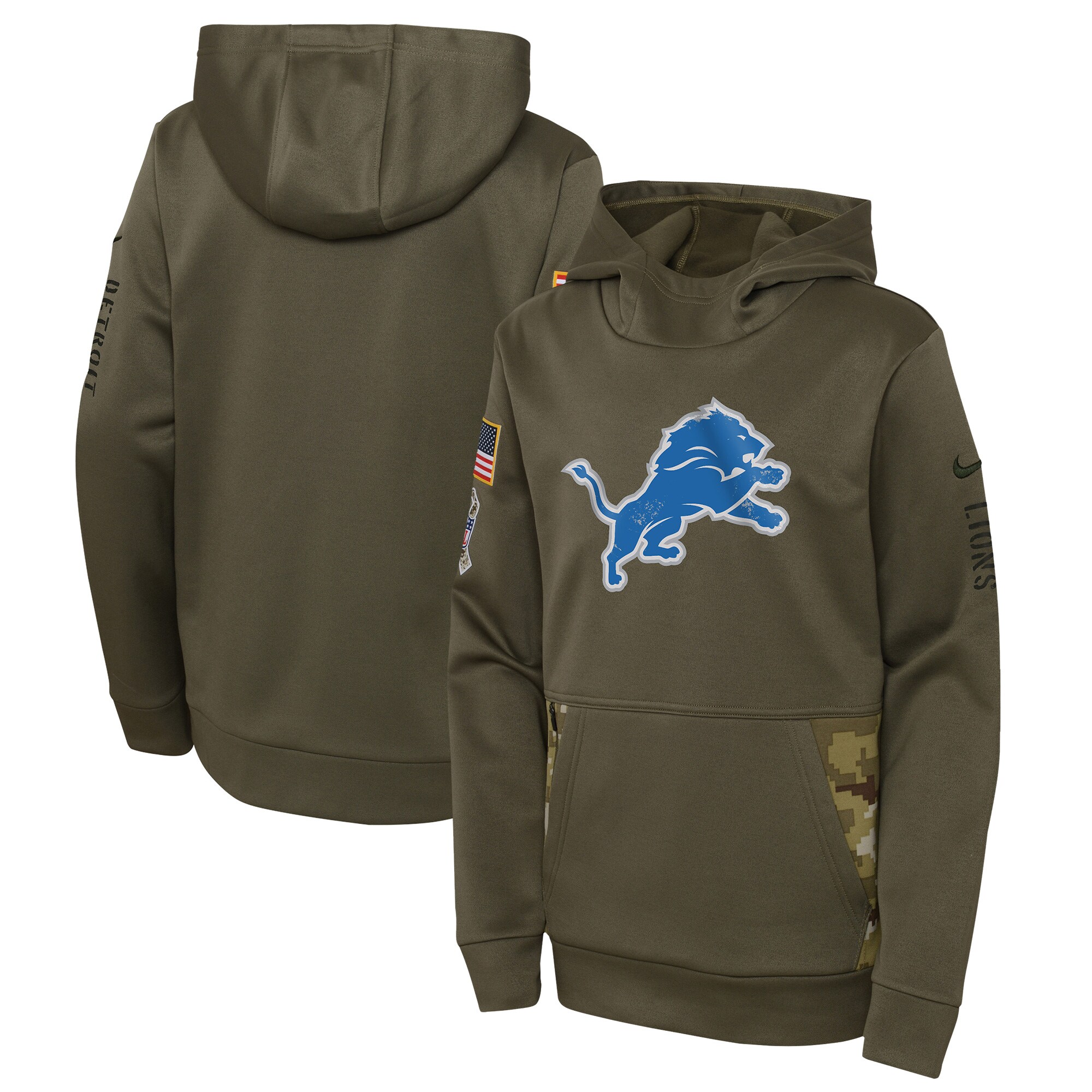 Youth Detroit Lions Nike Olive 2022 Salute To Service Performance Pullover Hoodie