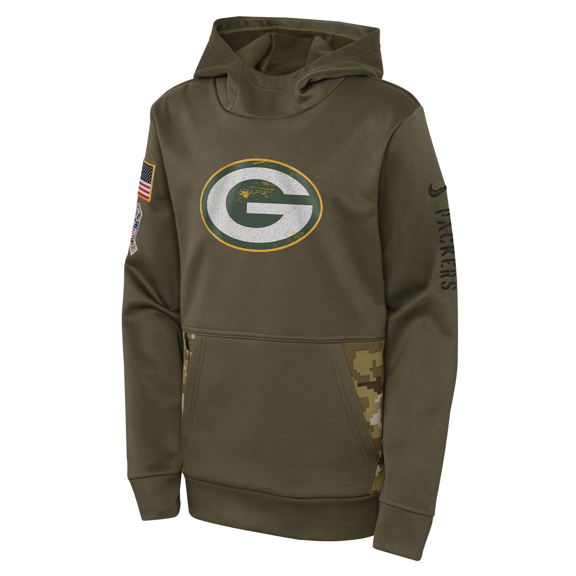 Youth Green Bay Packers Nike Olive 2022 Salute To Service Performance Pullover Hoodie