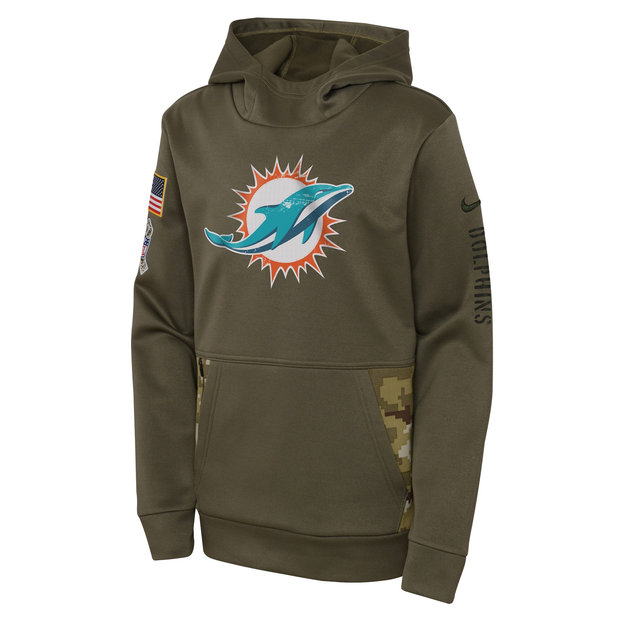 Youth Miami Dolphins Nike Olive 2022 Salute To Service Performance Pullover Hoodie