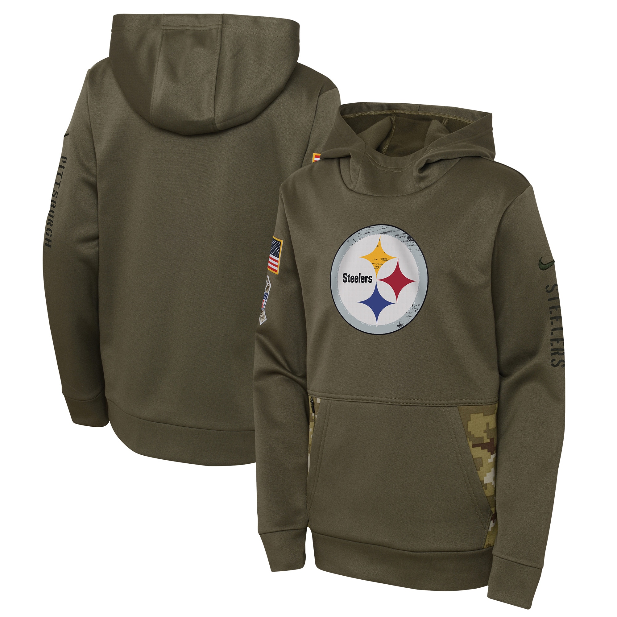 Youth Pittsburgh Steelers Nike Olive 2022 Salute To Service Performance Pullover Hoodie