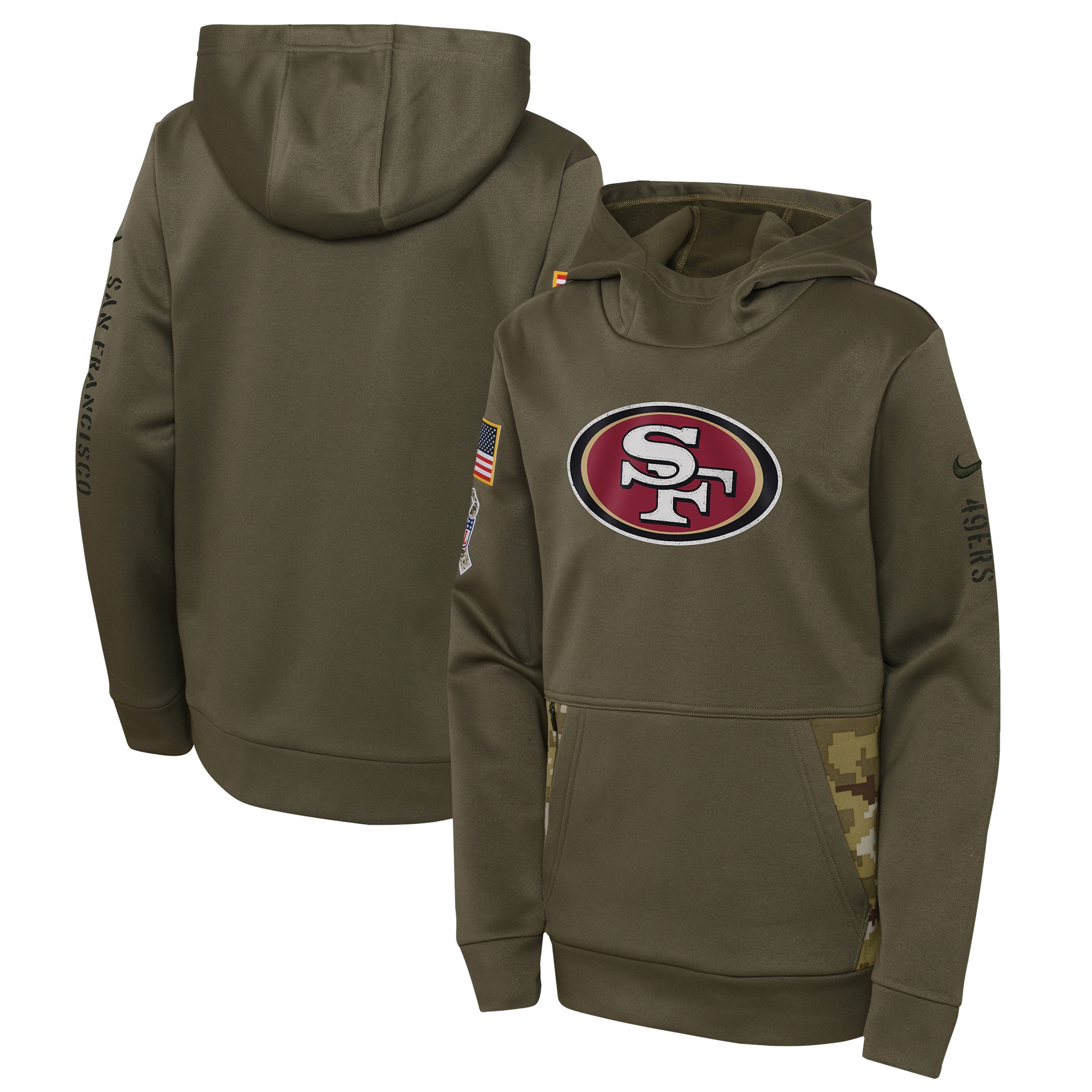 Youth San Francisco 49ers Nike Olive 2022 Salute To Service Performance Pullover Hoodie