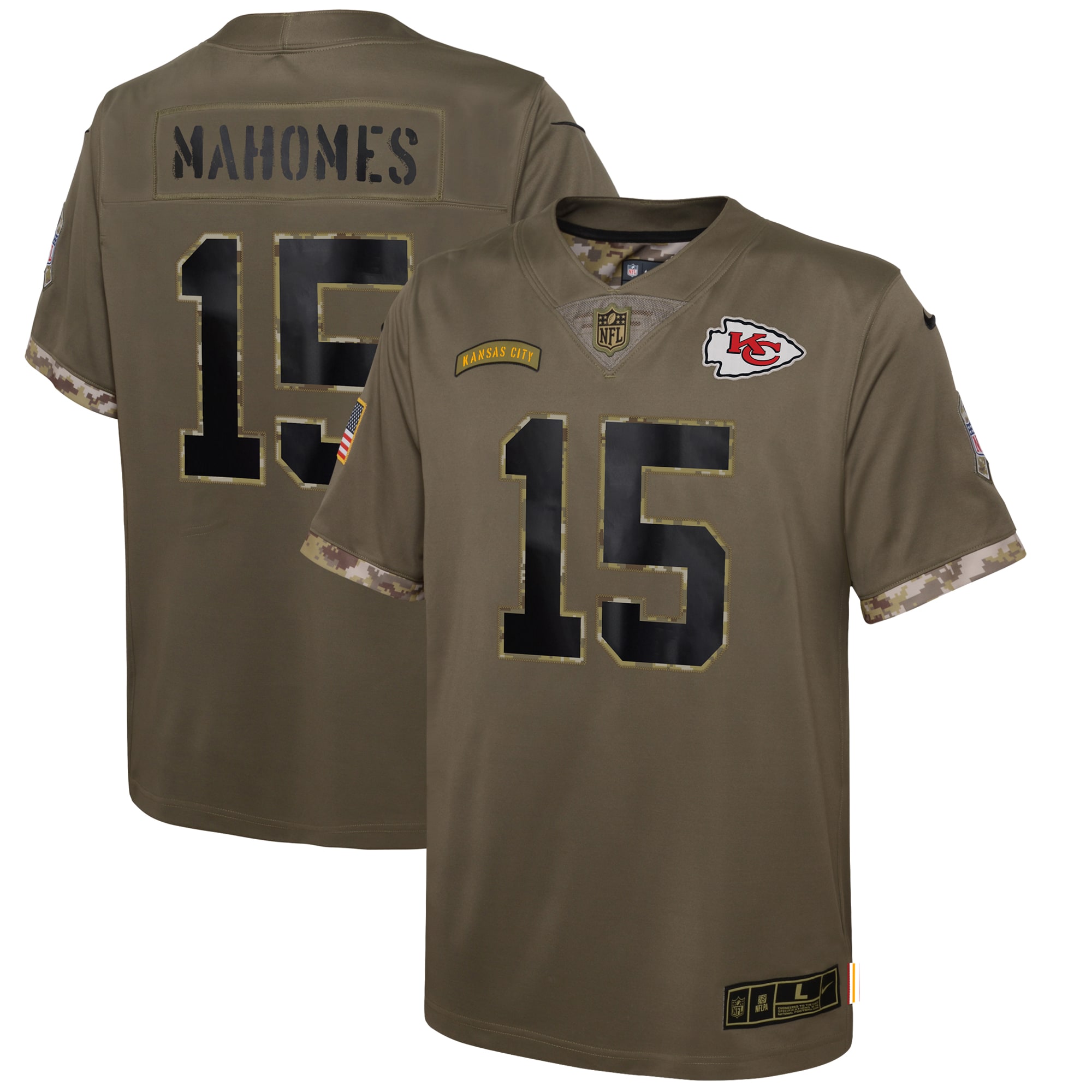 Youth Kansas City Chiefs Patrick Mahomes Nike Olive 2022 Salute To Service Player Limited Jersey