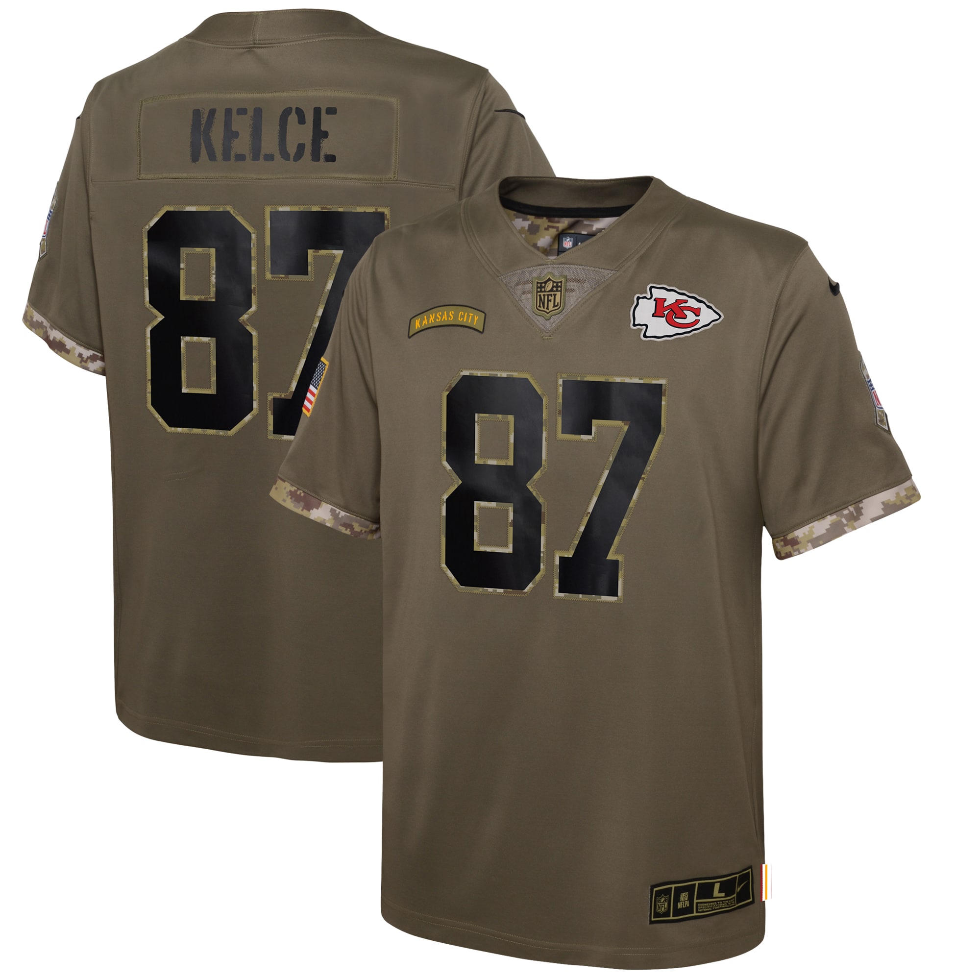 Youth Kansas City Chiefs Travis Kelce Nike Olive 2022 Salute To Service Player Limited Jersey